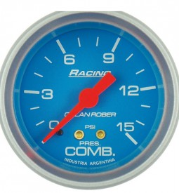 Instrumentales/ INDICADOR DE PRESION DE COMBUSTIBLE UNIVERSAL LINEA RACING 0-15 PSI / FONDO AZUL - 52 MM. / Maromec un Aliado para tu Comercio